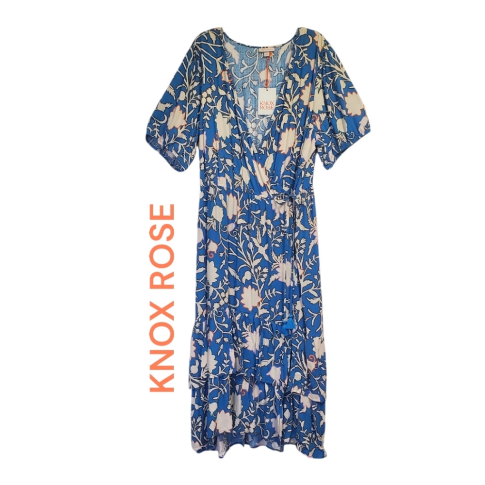 NWT Knox Rose Women's Wrap Front Dress Blue/Floral Size 2X